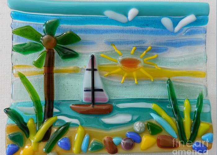 Beach Scene Painted With Tiny Pieces Of Glass. Fused Glass Tray Which Is The Perfect Size To Be Used As A Soap Dish Greeting Card featuring the glass art Sailin' by Joan Clear