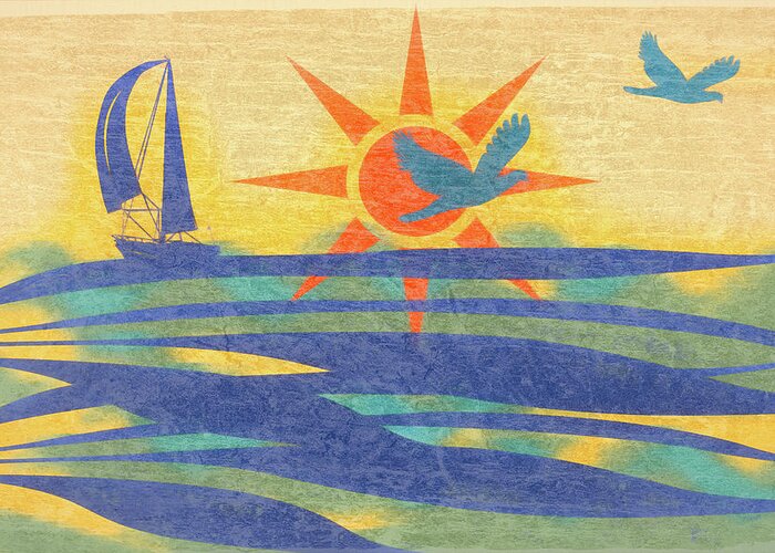 Birds Greeting Card featuring the digital art Sailing Fun at the Beach Painting by Debra and Dave Vanderlaan