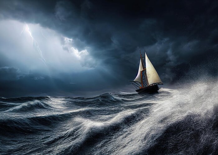 Ship Greeting Card featuring the digital art Sailing Ship on ocean in stormy weather 04 by Matthias Hauser