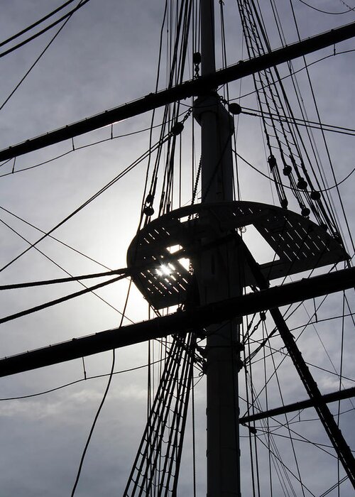 Backlit Greeting Card featuring the photograph Sailing ship rigging backlit by sun by Charles Floyd