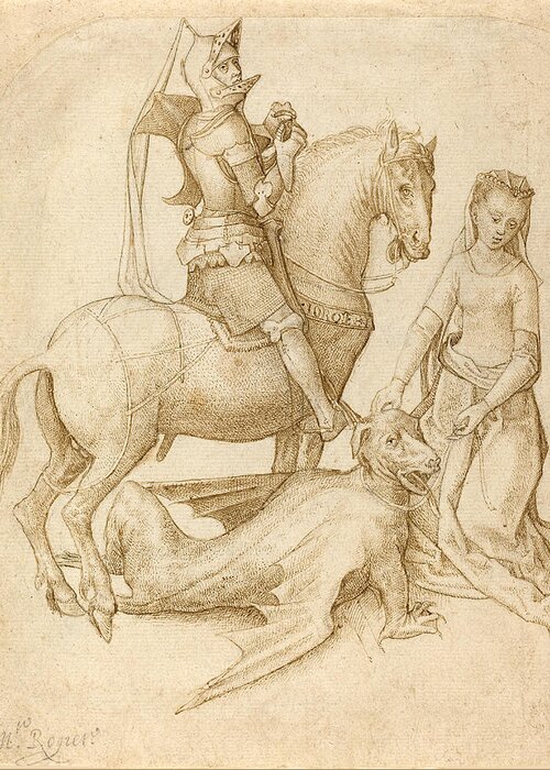 Attributed To Hugo Van Der Goes Greeting Card featuring the drawing Saint George and the Dragon by Attributed to Hugo van der Goes