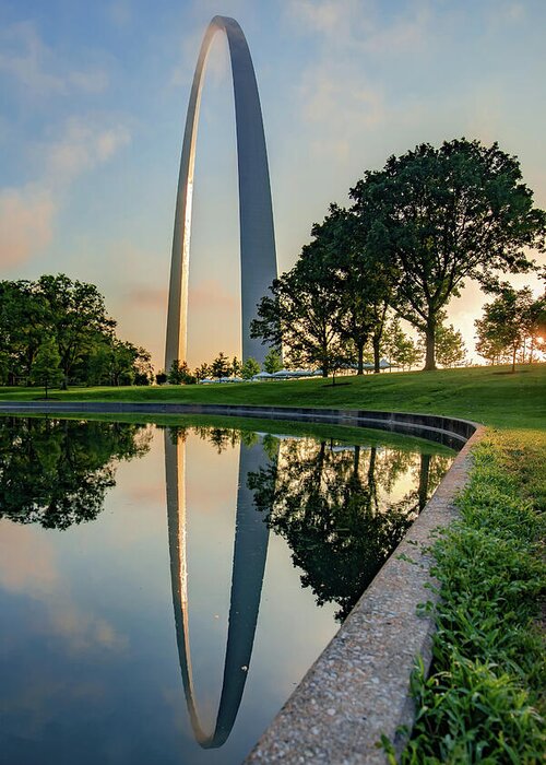 America Greeting Card featuring the photograph Saint Louis Arch Reflections at Sunrise by Gregory Ballos