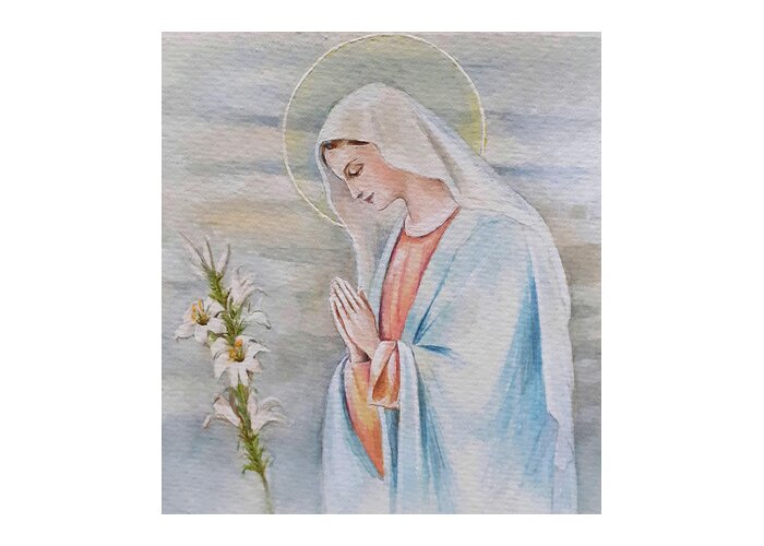 Lily Greeting Card featuring the painting Saint Mary with lily by Carolina Prieto Moreno