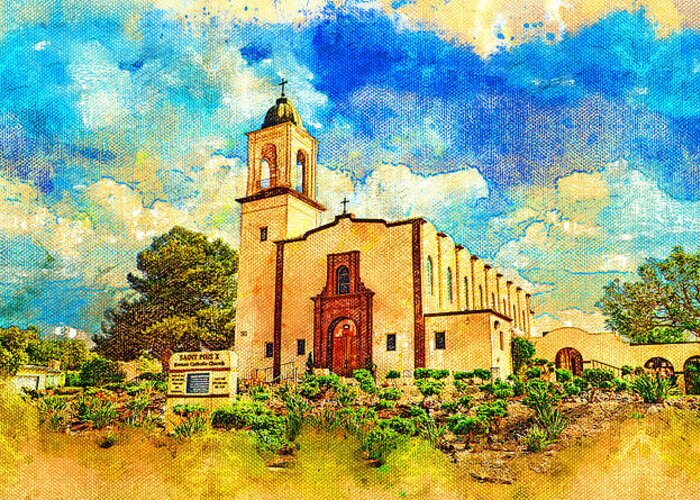 Saint Pius X Church Greeting Card featuring the digital art Saint Pius X Church in Chula Vista - digital painting by Nicko Prints