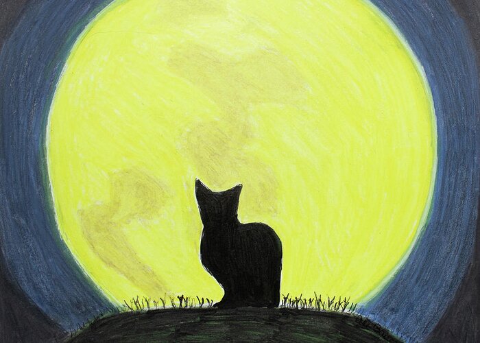 Cat Greeting Card featuring the drawing Salem Silhouette of a Black Cat in front of a Full Moon by Ali Baucom