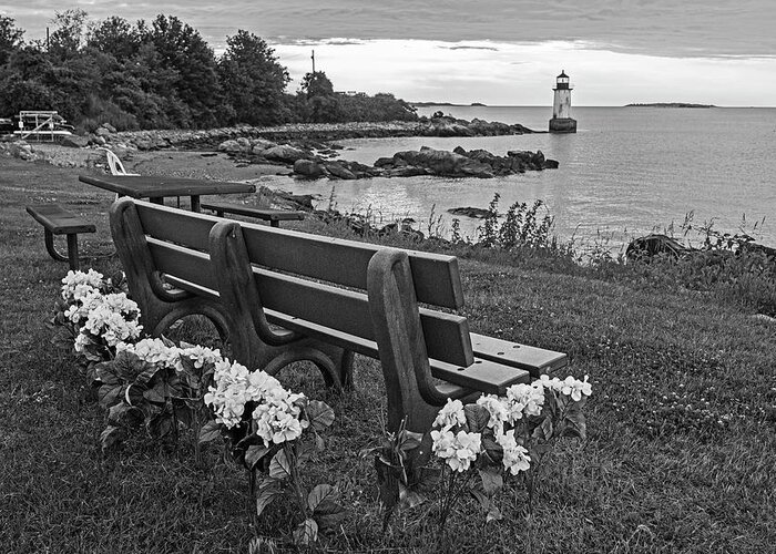 Salem Greeting Card featuring the photograph Salem MA Flower Bench Winter Island Pickering Light Sunrise Black and White by Toby McGuire