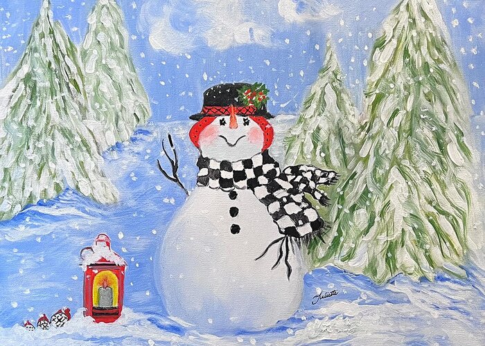 Snowman Greeting Card featuring the painting Sammy the Snowman by Juliette Becker