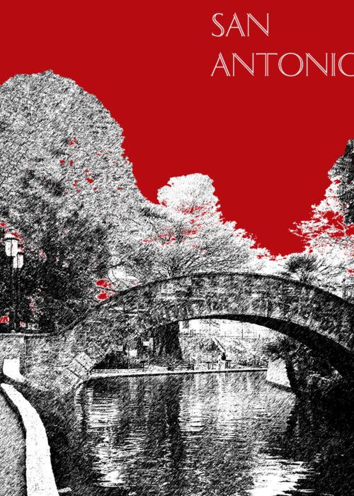 Architecture Greeting Card featuring the digital art San Antonio Skyline River Walk - Dark Red by DB Artist