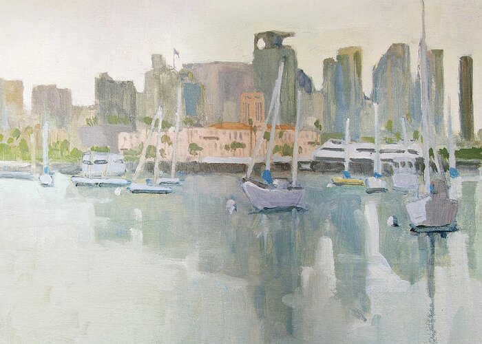 San Diego Greeting Card featuring the painting San Diego bay, Harbor Drive by Paul Strahm