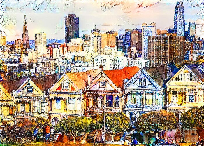 Wingsdomain Greeting Card featuring the photograph San Francisco Alamo Square Painted Ladies in Vibrant Watercolor Sketch Style 20200807 by Wingsdomain Art and Photography