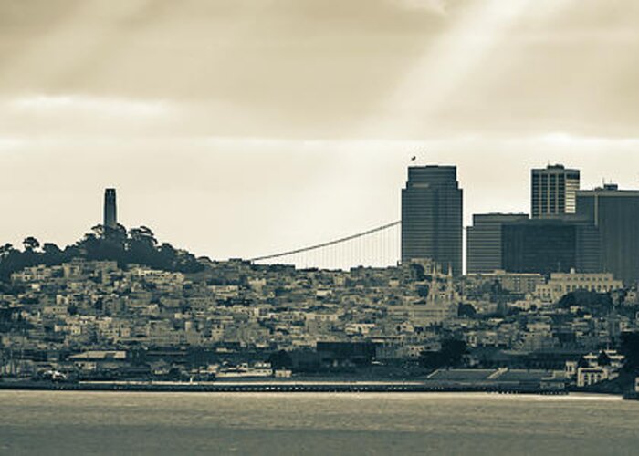 San Francisco Skyline Greeting Card featuring the photograph San Francisco Skyline Panorama and Oakland Bay Bridge in Sepia by Gregory Ballos