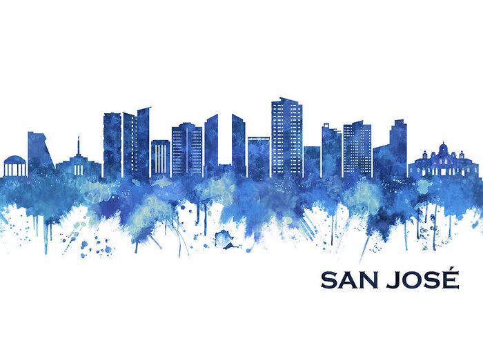 San José Greeting Card featuring the mixed media San Jose Costa Rica Skyline Blue by NextWay Art