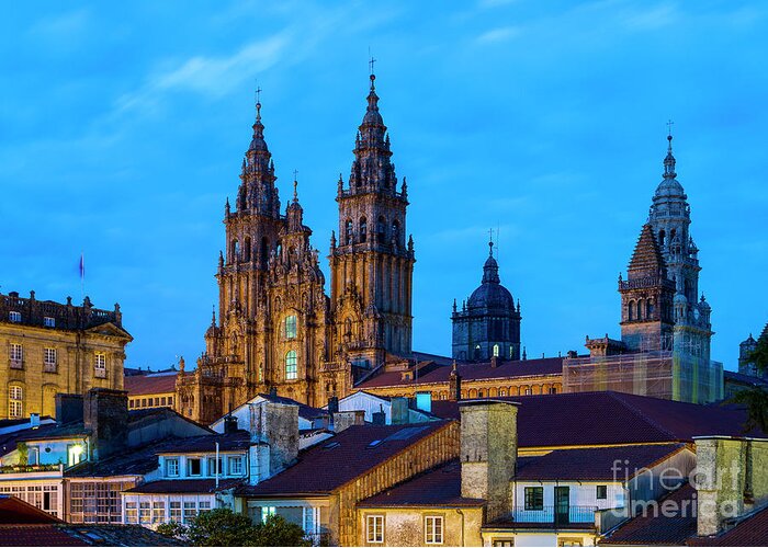 Way Greeting Card featuring the photograph Santiago de Compostela Cathedral Spectacular View by Night and Tiled Roofs La Coruna Galicia by Pablo Avanzini
