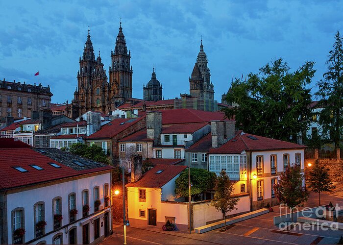 Way Greeting Card featuring the photograph Santiago de Compostela Cathedral Spectacular View by Night Dusk with Street Lights and Tiled Roofs La Corua Galicia by Pablo Avanzini