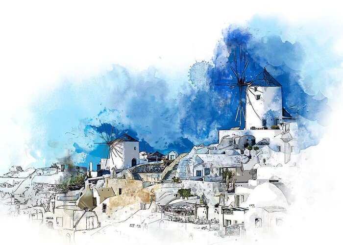 Santorini Greeting Card featuring the painting Santorini Mills by Miki De Goodaboom