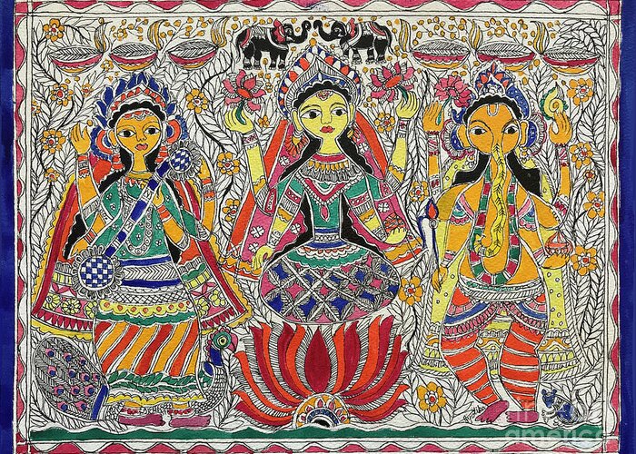  Greeting Card featuring the painting Saraswati, Laxmi Ganesh by Jyotika Shroff