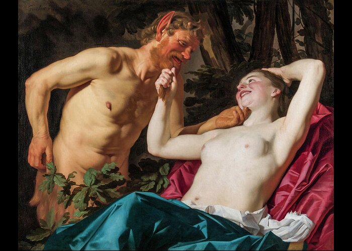 Satyr And Nymph Greeting Card featuring the painting Satyr and Nymph by Gerard van Honthorst 1623 by Gerard van Honthorst