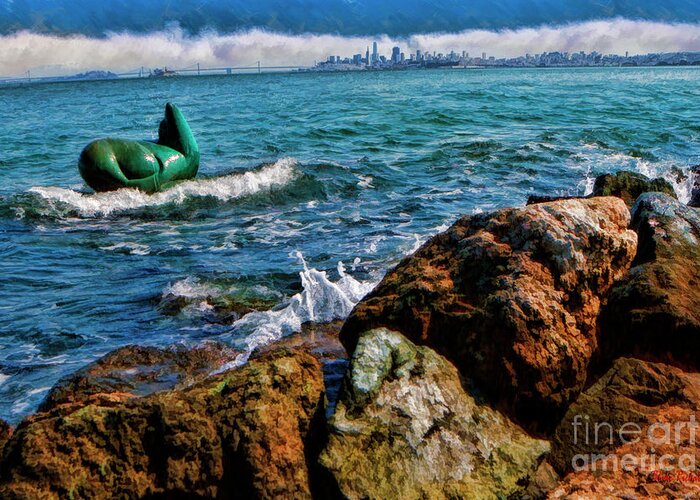Sausalito Sea Lion Sculpture Greeting Card featuring the photograph Sausalito Sea Lion Sculpture And San Francisco by Blake Richards