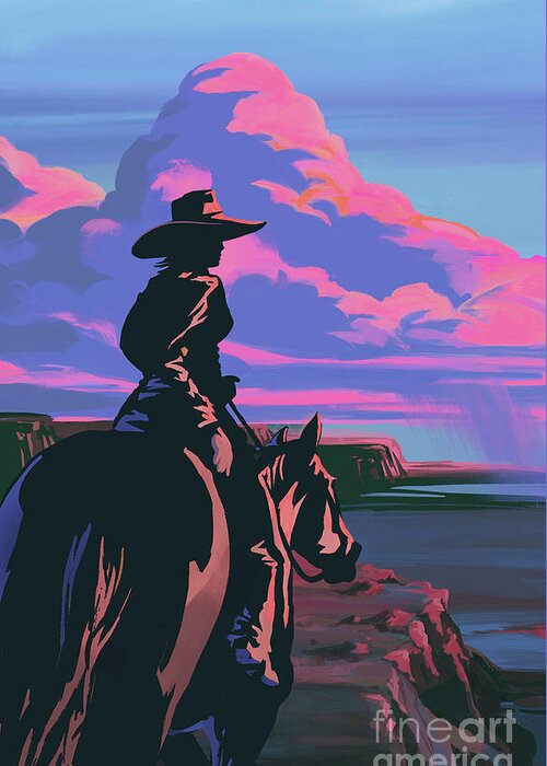 Horse Greeting Card featuring the painting Scenic Sunset Canyon Cowgirl by Sassan Filsoof