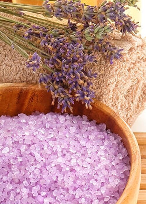 Accessories Greeting Card featuring the photograph Scented Lavender Bath Salts and Aromatherapy Accessories by Olivier Le Queinec