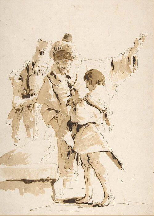 18th Century Art Greeting Card featuring the drawing Scherzo di Fantasia - Two Standing Orientals and a Standing Youth with a Sword by Giovanni Battista Tiepolo