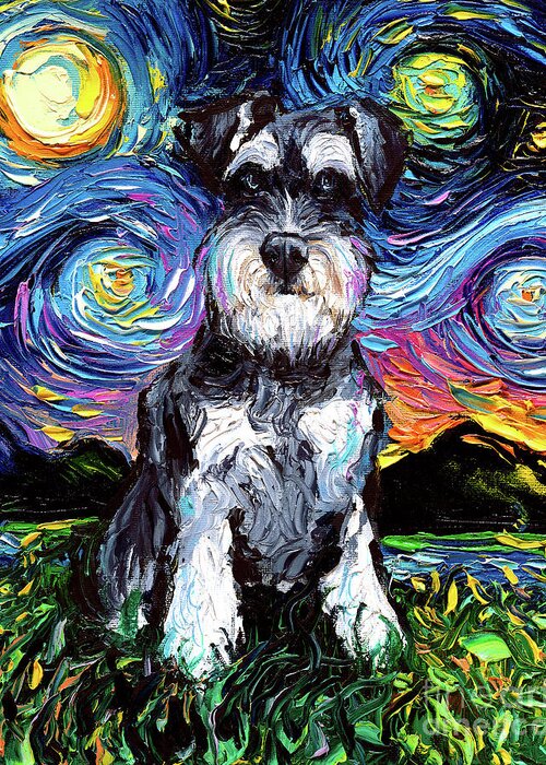 Schnauzer Greeting Card featuring the painting Schnauzer Night by Aja Trier