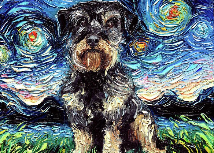 Schnoodle Greeting Card featuring the painting Schnoodle Night by Aja Trier