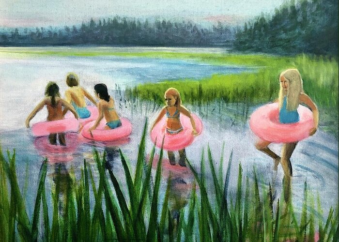 Pink Floaties Greeting Card featuring the painting Scoby Pond Birthday by Cyndie Katz