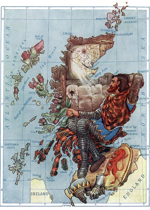 1912 Greeting Card featuring the drawing Scotland. Robert Bruce Watches the Spider by Lilian Tennant