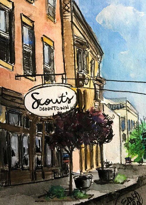 Scout’s Downtown Cafe Greeting Card featuring the painting Scouts Downtown Cafe by Eileen Backman
