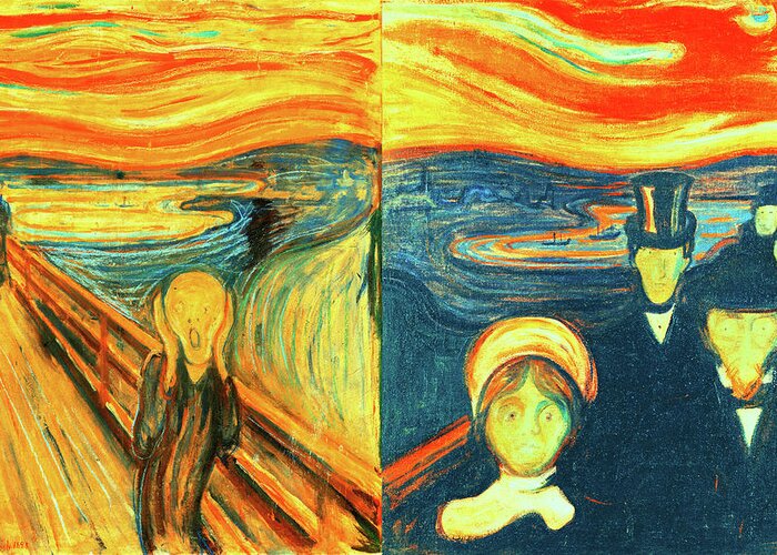 The Scream Greeting Card featuring the digital art Scream and Anxiety by Edvard Munch - collage by Nicko Prints