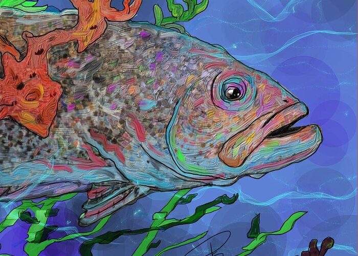 Fish Greeting Card featuring the digital art Sea Bass in blue by Debra Baldwin
