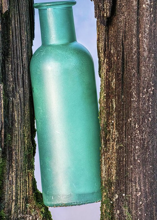 Bottle Greeting Card featuring the photograph Sea Glass Bottle Caught Between Pilings by Gary Slawsky