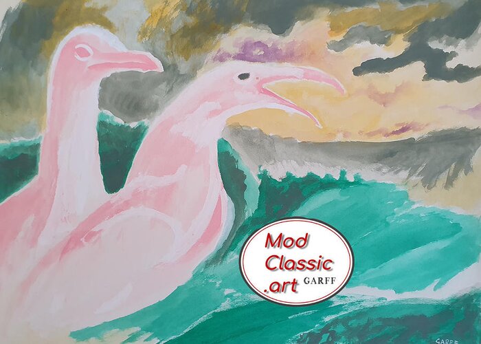 Seagulls Greeting Card featuring the painting Sea Gulls with Waves ModClassic Art by Enrico Garff