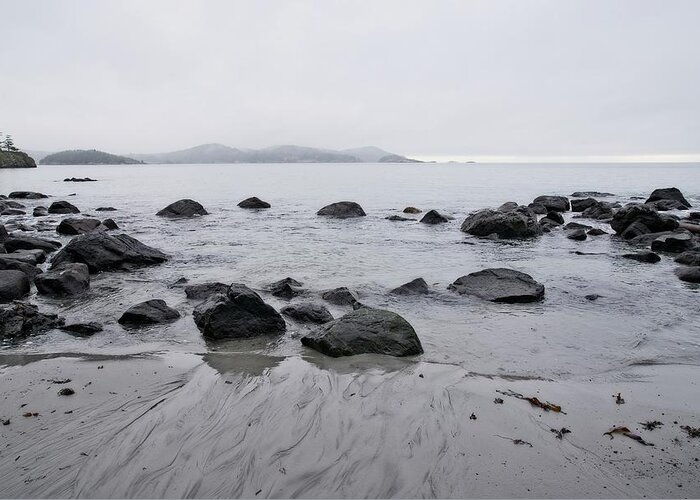 Landscape Greeting Card featuring the photograph Sea Rocks and Misty Mountains by Allan Van Gasbeck