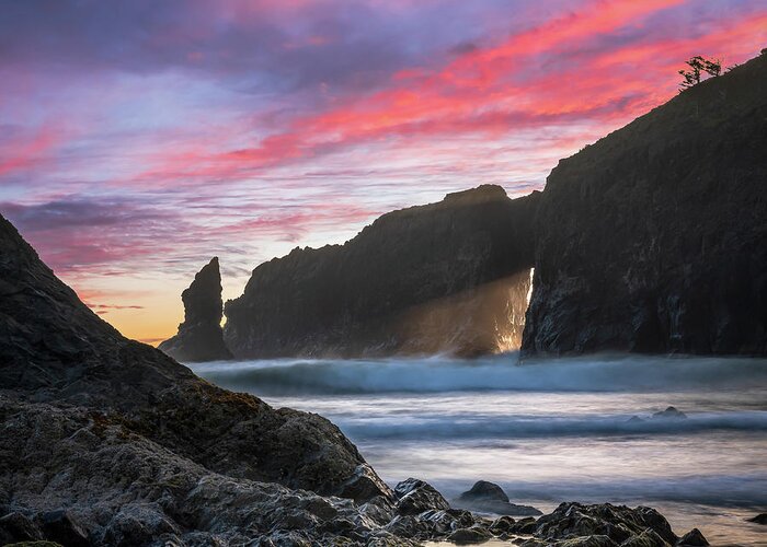 Sunset Greeting Card featuring the photograph Sea stack sunset in Olympic National Park by Robert Miller