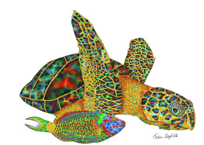  Greeting Card featuring the painting Sea Turtle white background by Daniel Jean-Baptiste