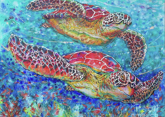  Greeting Card featuring the painting Sea Turtles on Coral Reef II by Jyotika Shroff