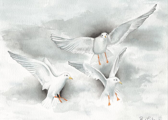 Seagulls Greeting Card featuring the painting Seagulls in Flight by Bob Labno