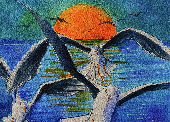 Sunset Greeting Card featuring the painting SEAGULLS IN FLIGHT commissioned watercolor painting Mona Edulesco by Mona Edulesco