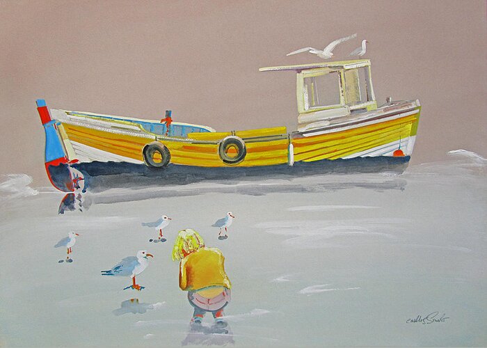 Fishing Boat Greeting Card featuring the painting Seagulls With Fishing Boat by Charles Stuart