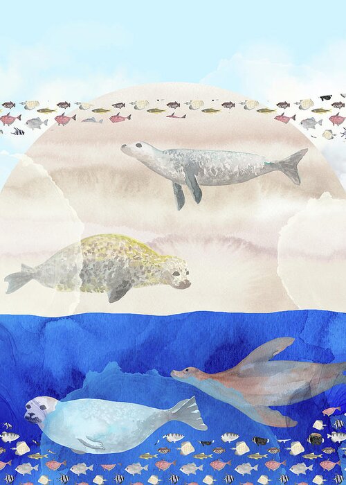 Seals Greeting Card featuring the digital art Seals, Sand, Ocean, Sun - A Surreal Dream by Andreea Dumez