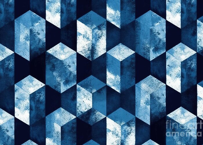 Seamless Greeting Card featuring the painting Seamless Painted Blue Square Isometric Cube Background Pattern T by N Akkash