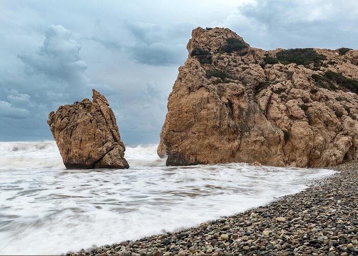Coastline Greeting Card featuring the photograph Seascapes with windy waves. Rock of Aphrodite Paphos Cyprus by Michalakis Ppalis