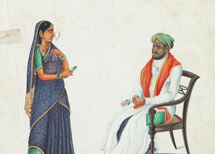 Seated Male Figure And Girl South India Greeting Card featuring the painting SEATED MALE FIGURE AND GIRL South India, circa 1830-40 by Artistic Rifki