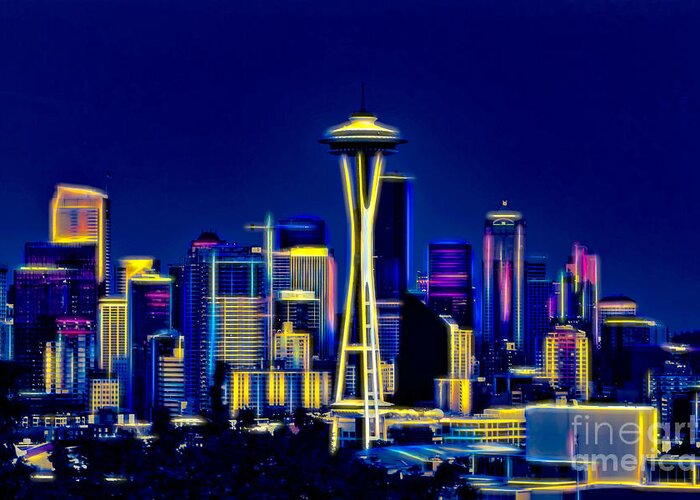 Skyline Greeting Card featuring the digital art Seattle in Neons Colors by Sal Ahmed