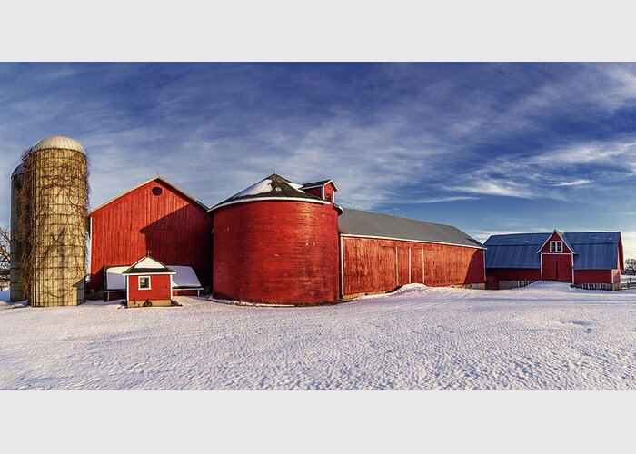 Red Greeting Card featuring the photograph Seeing Red -  Red buildings and round wood silo at Lake Mills WI by Peter Herman