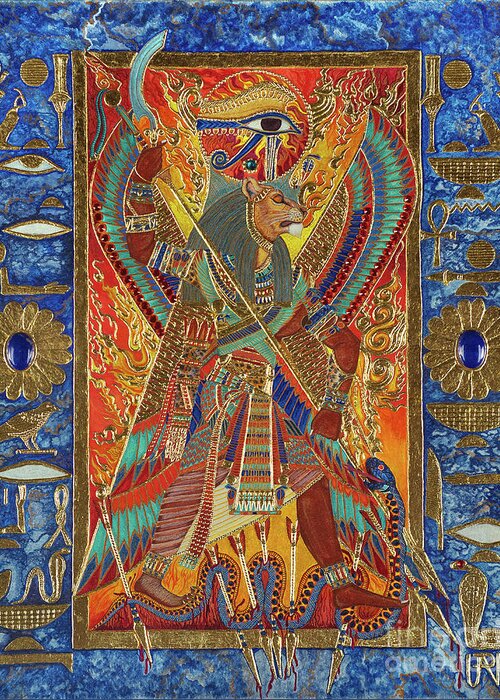 Sekhmet Greeting Card featuring the mixed media Sekhmet the Eye of Ra by Ptahmassu Nofra-Uaa