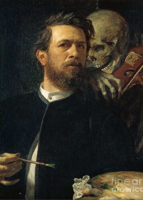 Arnold Boecklin Greeting Card featuring the painting Self Portrait With Death Playing The Fiddle 1872 by Arnold Boecklin