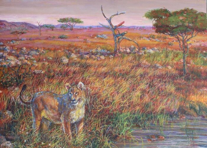 Africa Greeting Card featuring the painting Serengeti Lioness by Veronica Cassell vaz